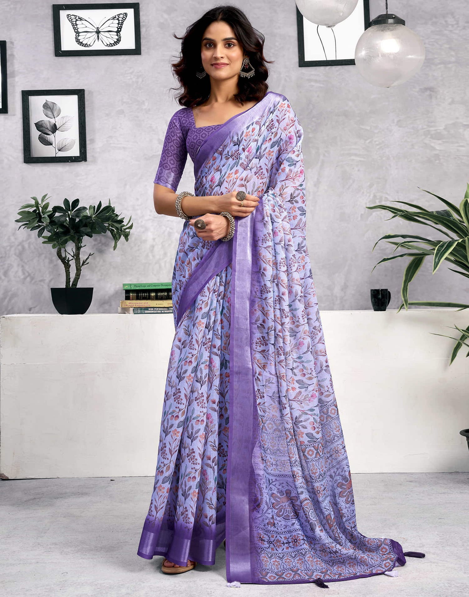 Light Blue Linen Printed Saree