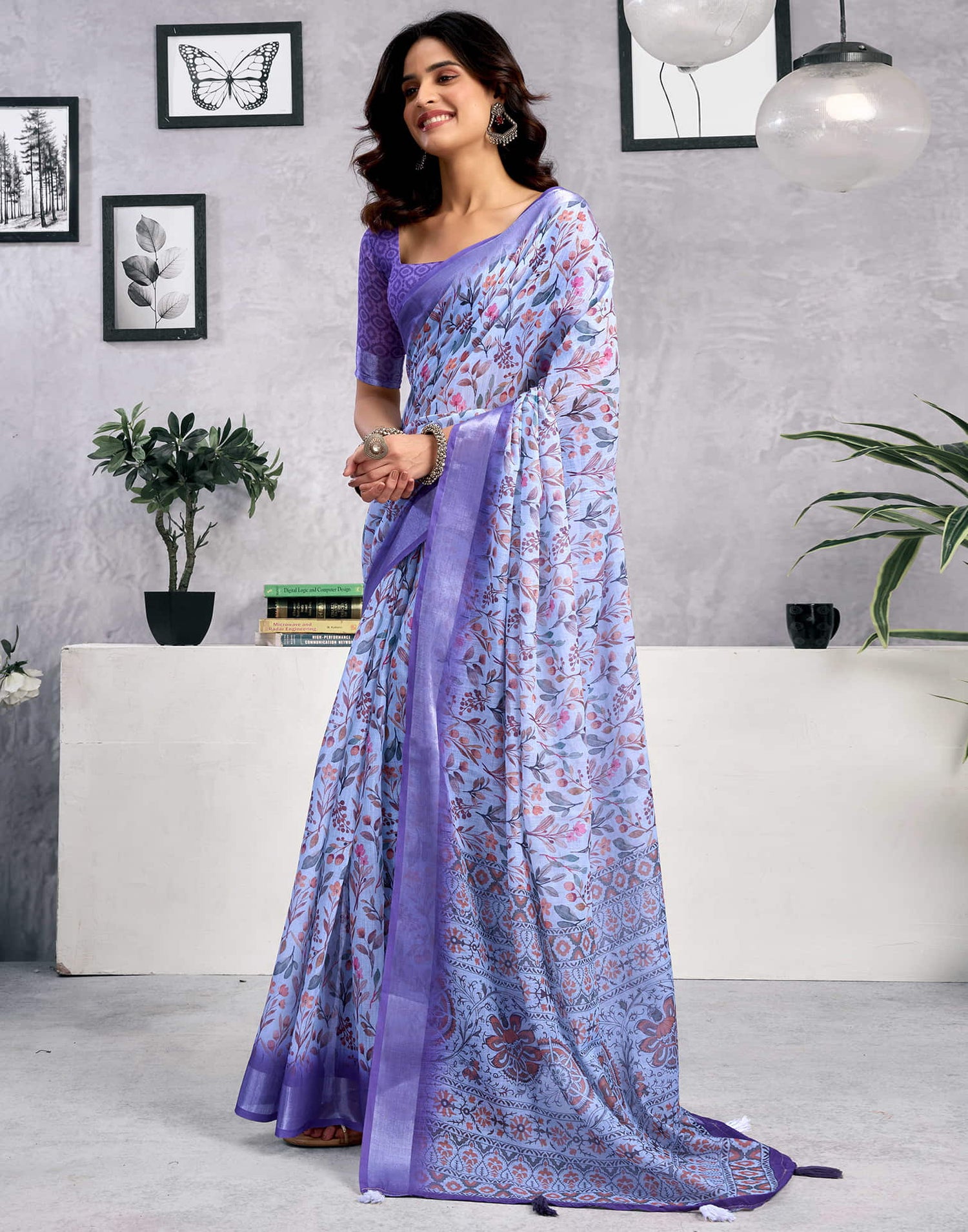 Light Blue Linen Printed Saree