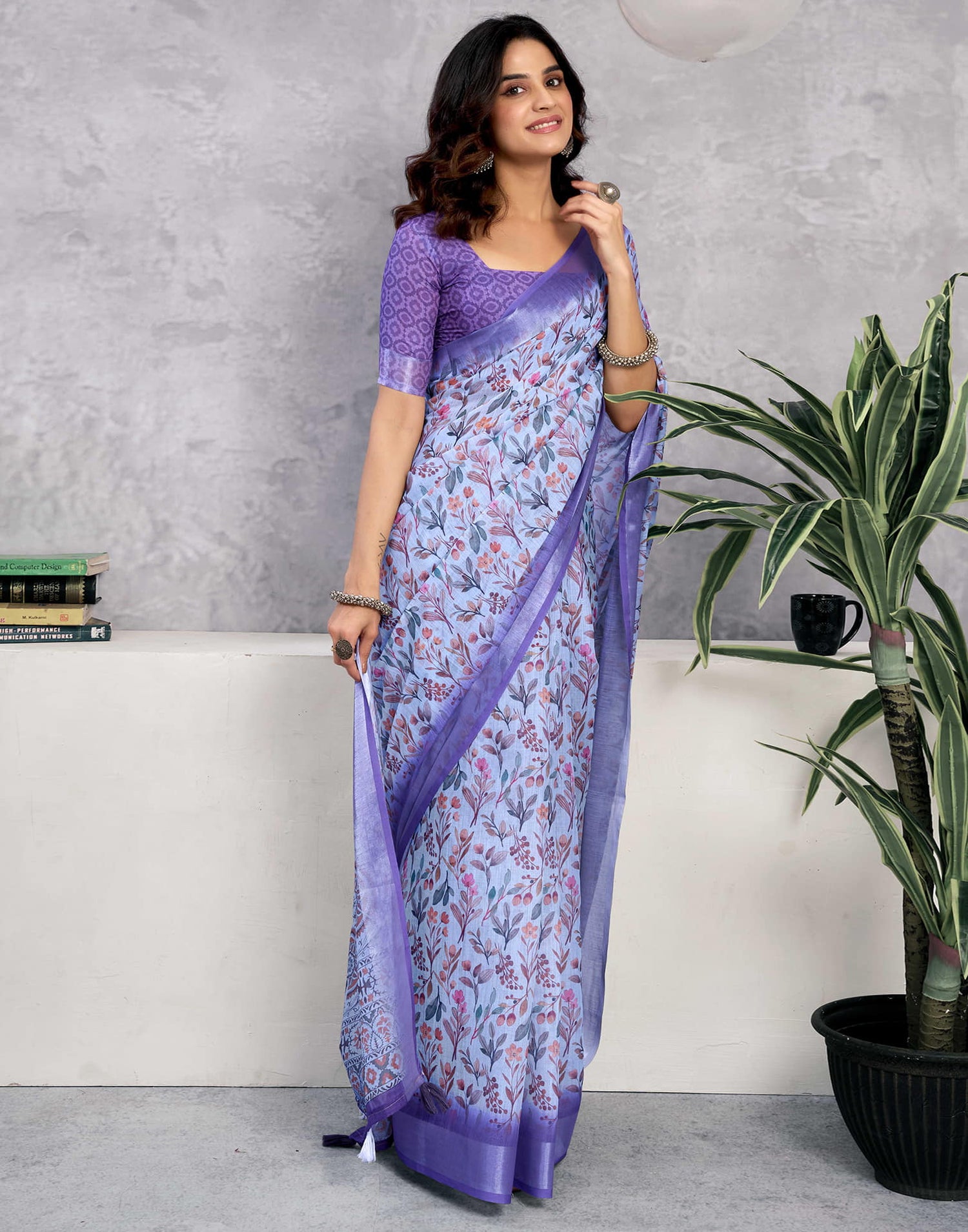 Light Blue Linen Printed Saree