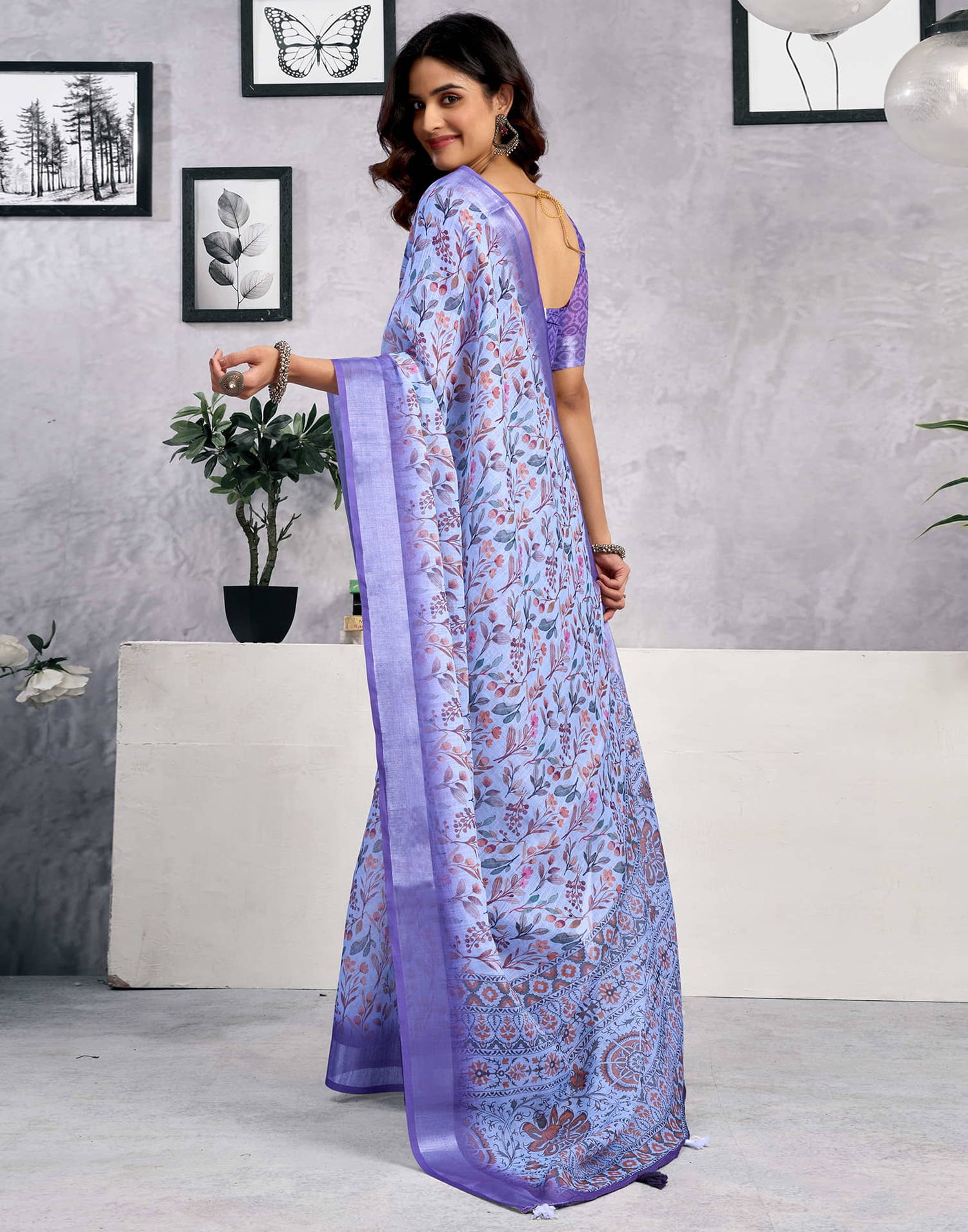 Light Blue Linen Printed Saree