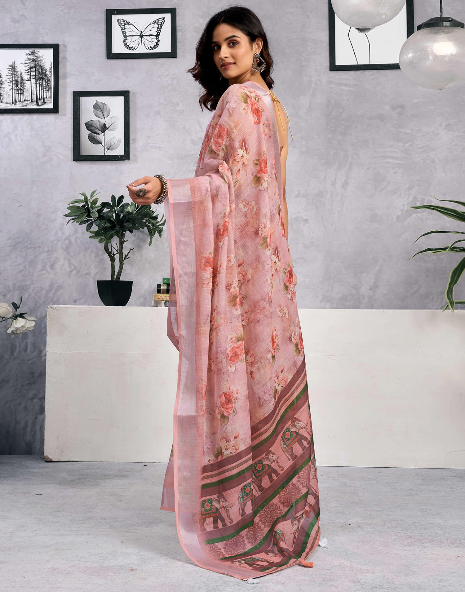 Dusty Peach Linen Floral Printed Saree