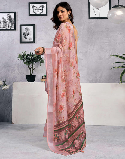 Dusty Peach Linen Floral Printed Saree