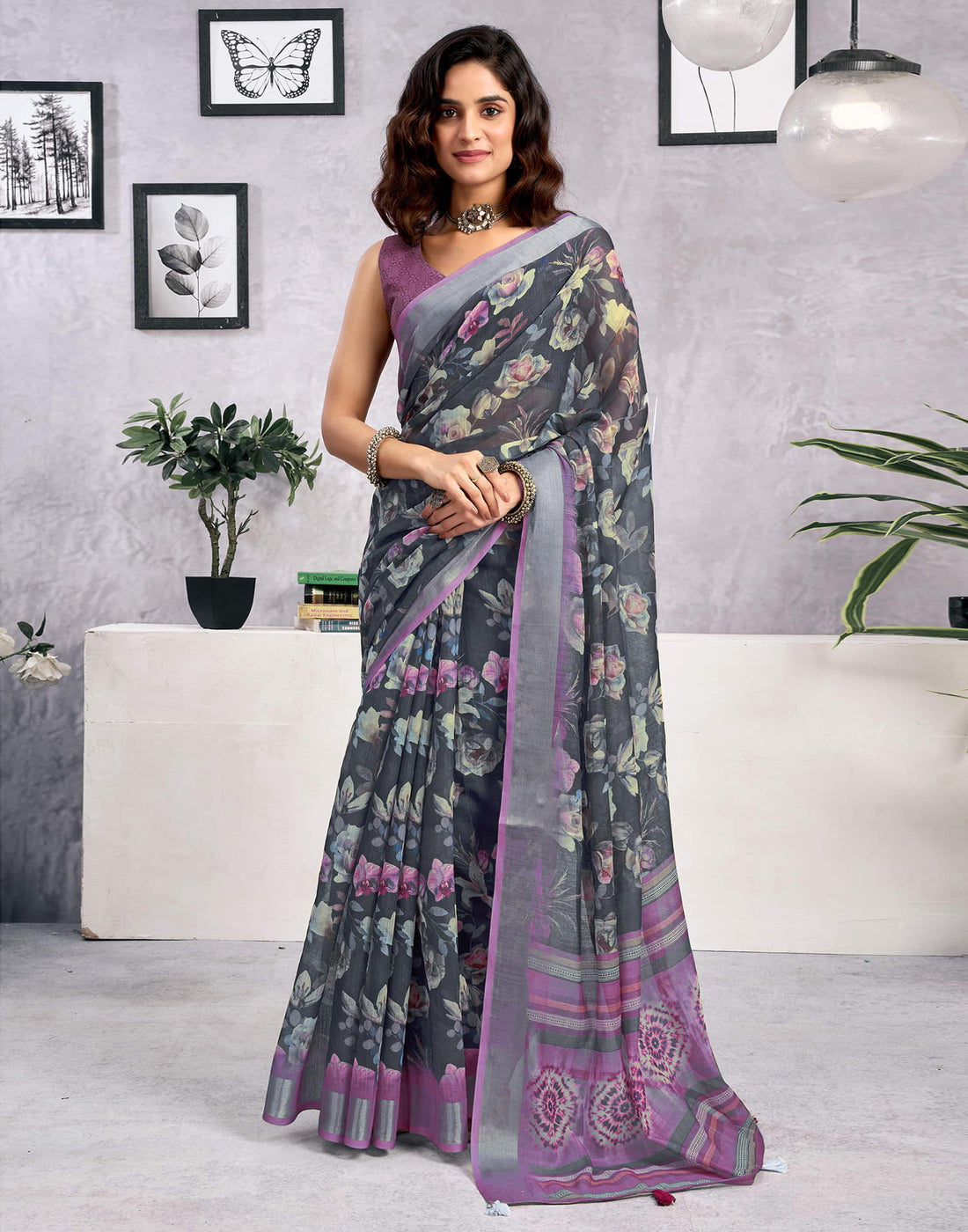 Dark Grey Linen Floral Printed Saree