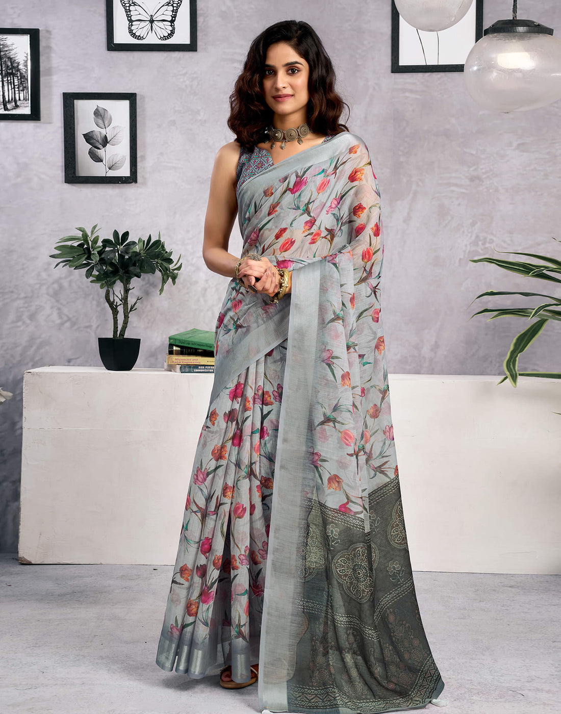 Grey Linen Floral Printed Saree