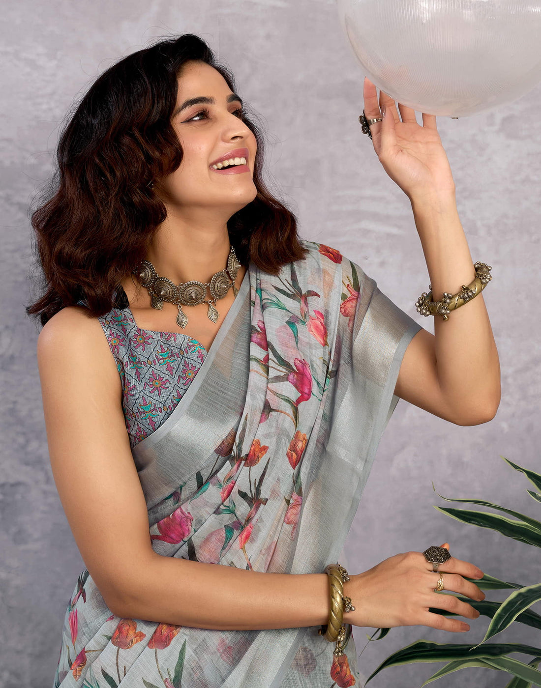 Grey Linen Floral Printed Saree