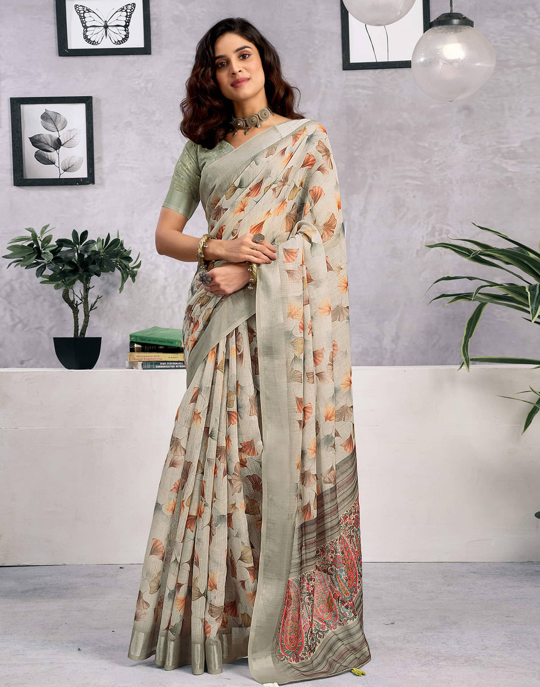 Light Beige Linen Floral Printed Saree