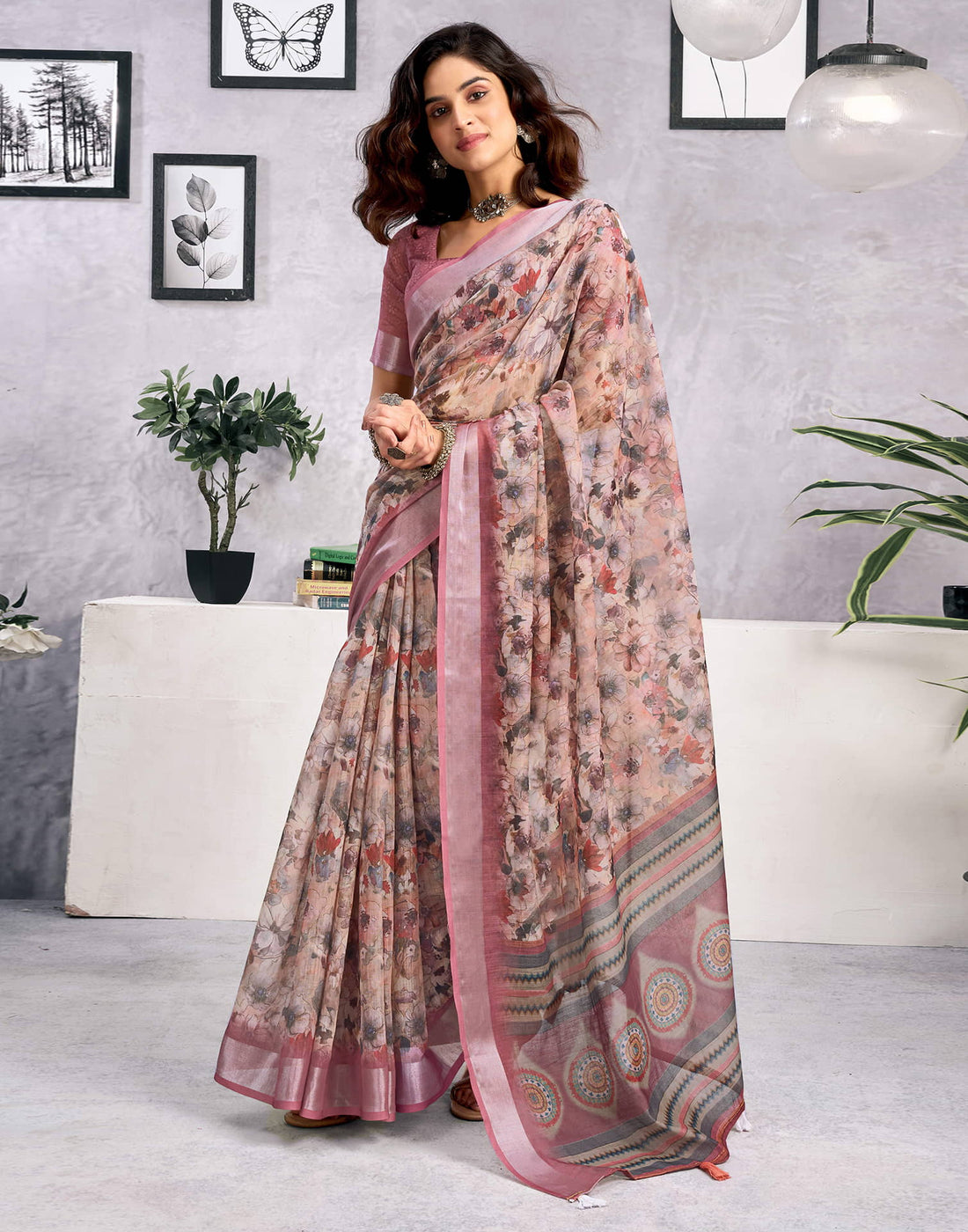 Cream Linen Floral Printed Saree