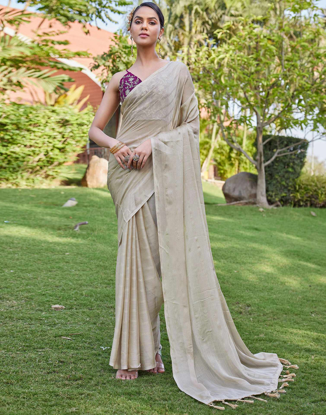 Beige Georgette Foil Printed Saree