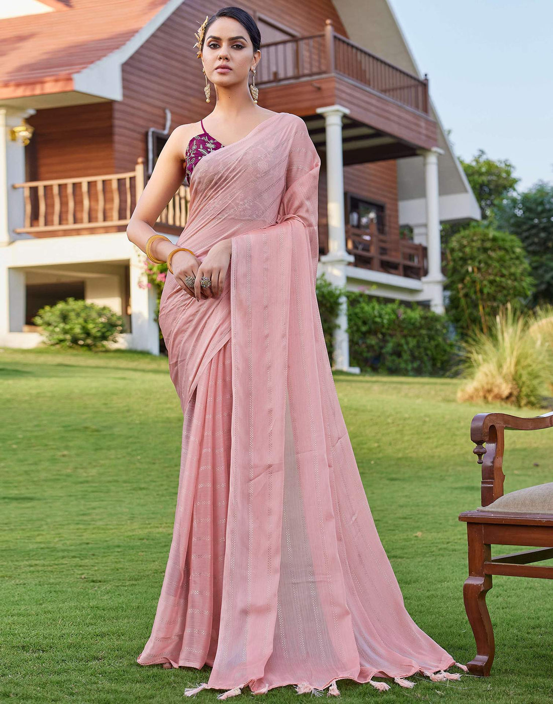 Peach Pink Georgette Foil Printed Saree