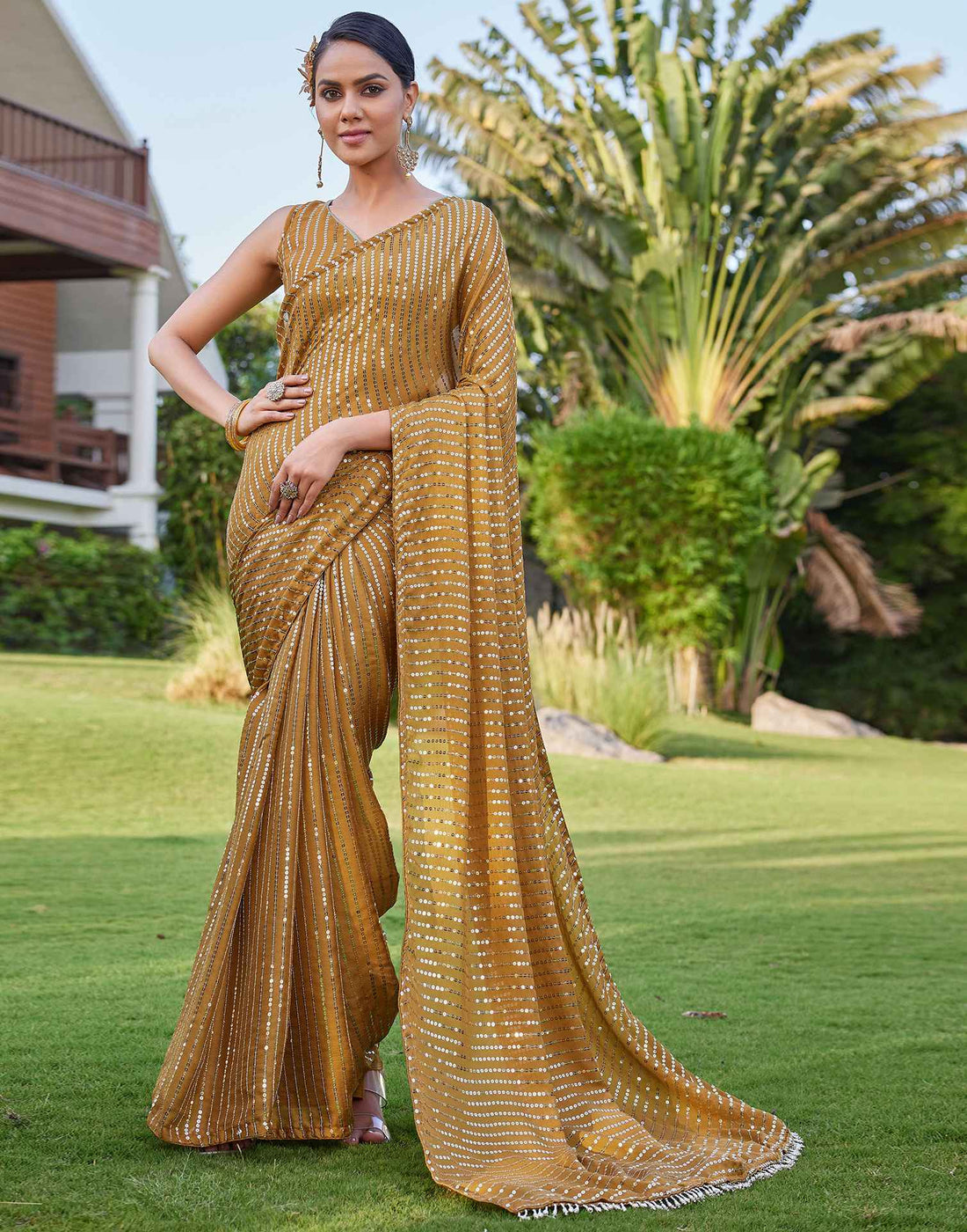 Mustard Yellow Satin Sequence Saree