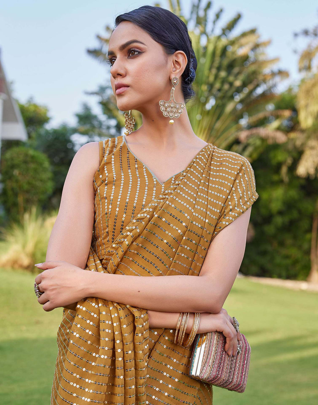 Mustard Yellow Satin Sequence Saree