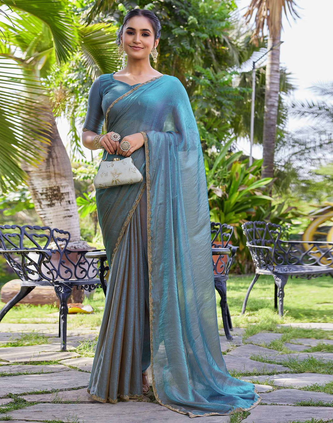 Teal Blue Shimmer Lace Plain Saree