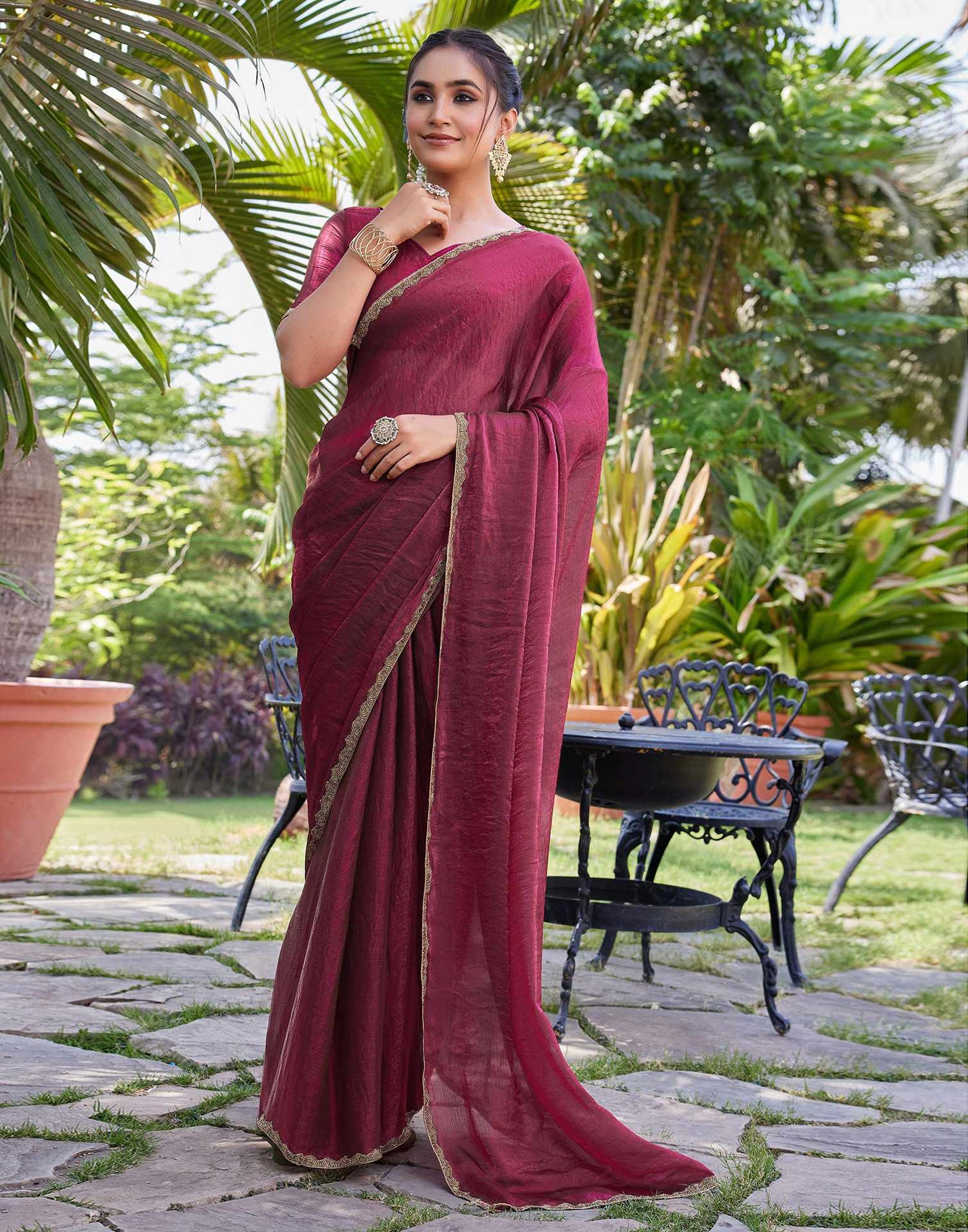 Dark Rani Pink Shimmer Lace Plain Saree