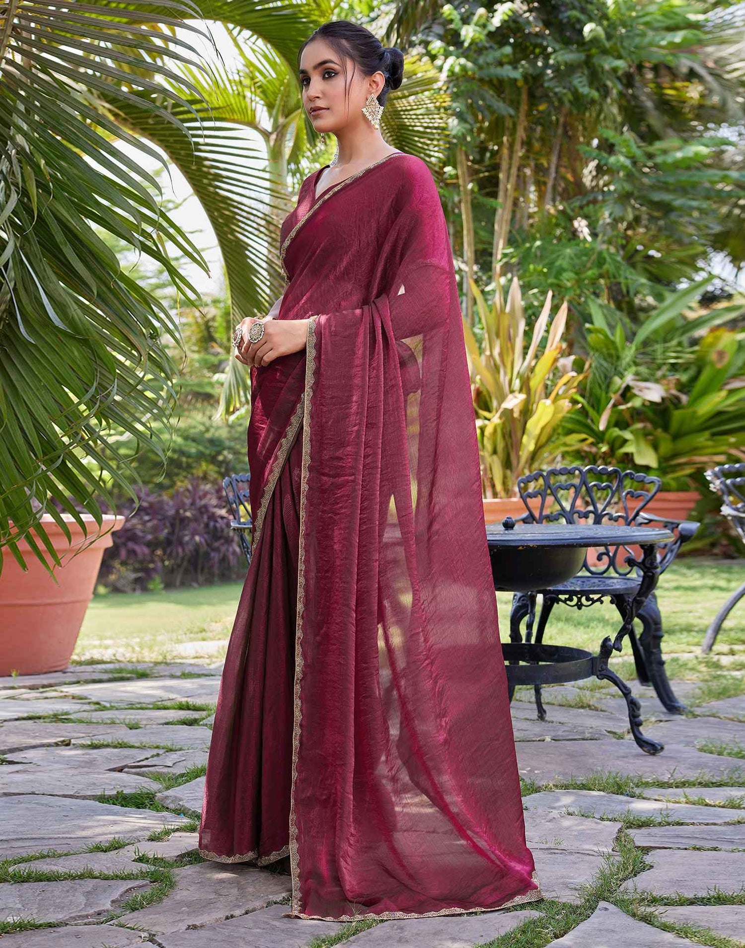Dark Rani Pink Shimmer Lace Plain Saree