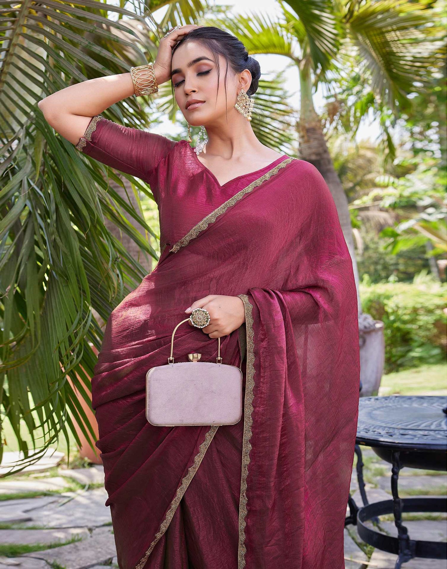 Dark Rani Pink Shimmer Lace Plain Saree