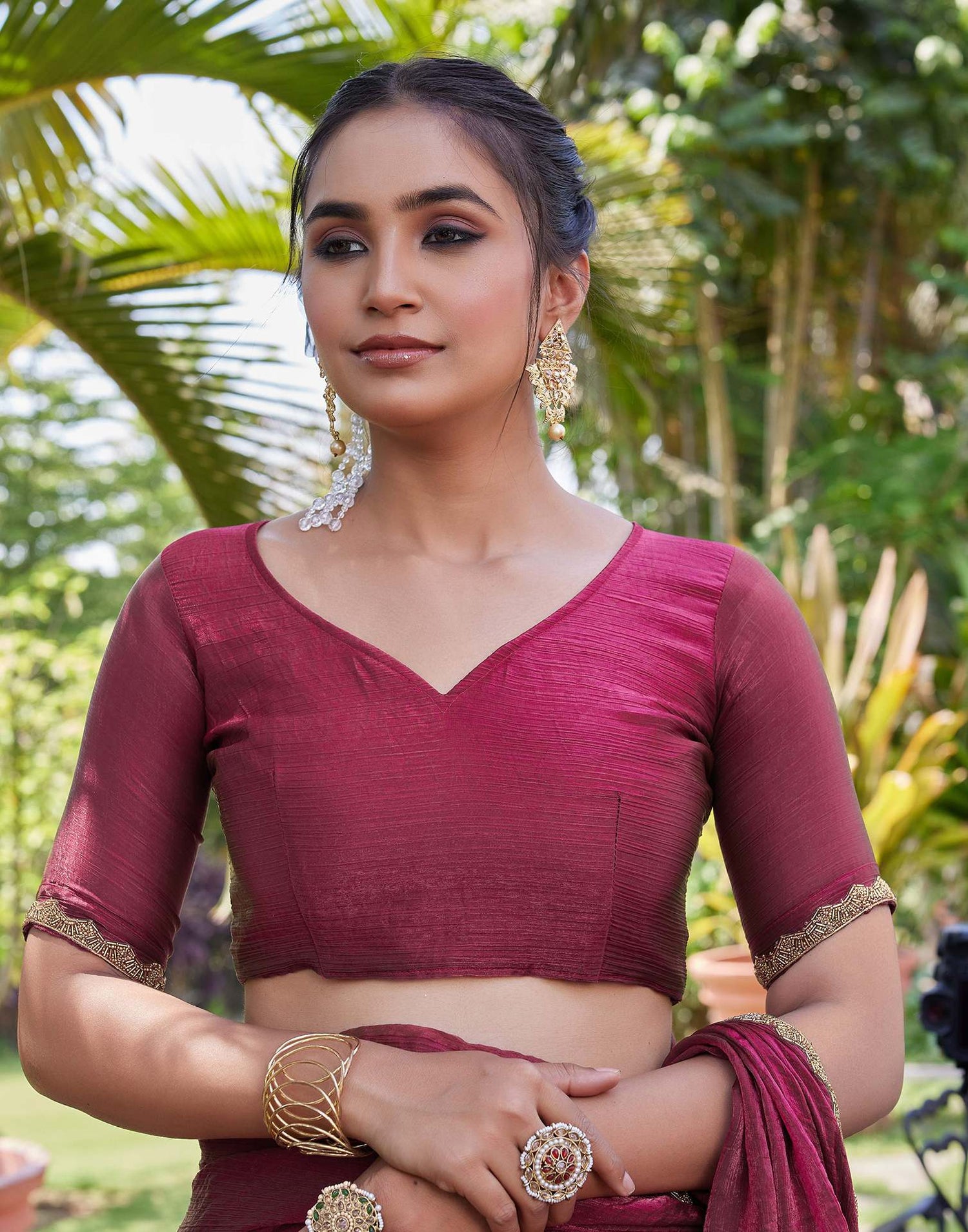 Dark Rani Pink Shimmer Lace Plain Saree