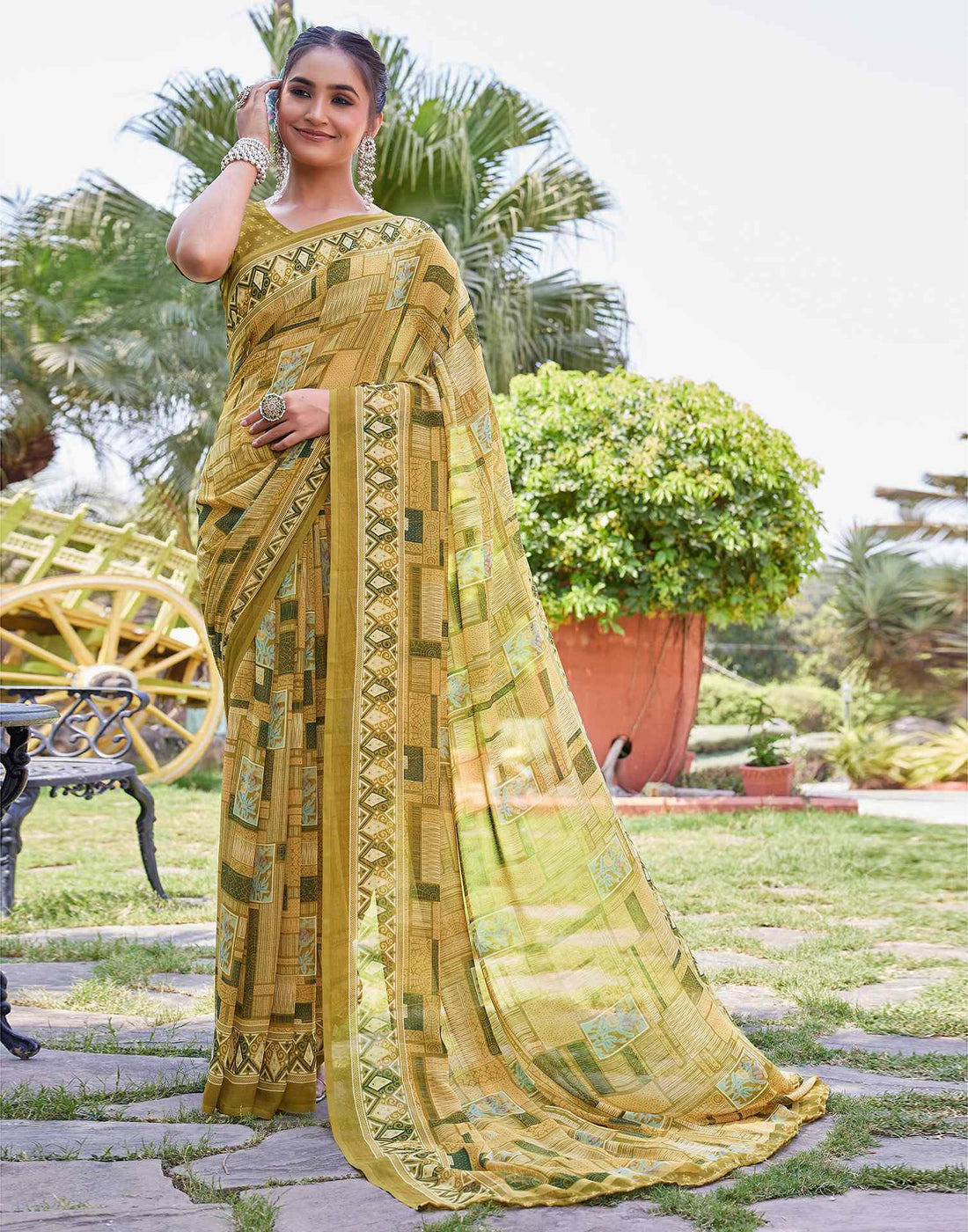 Mahendi Green Georgette Printed Saree