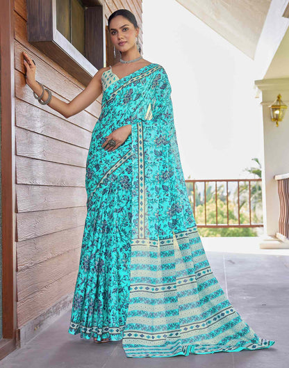 Turquoise Cotton Floral Printed Saree