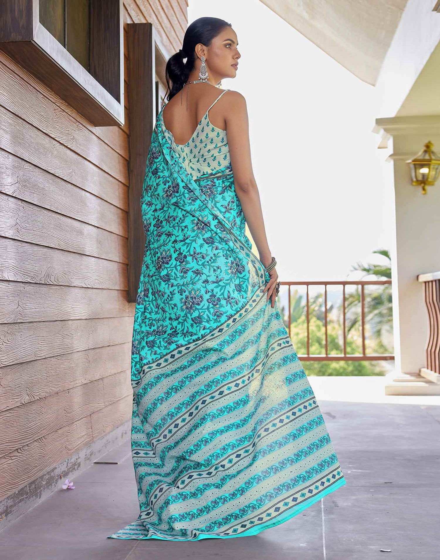 Turquoise Cotton Floral Printed Saree