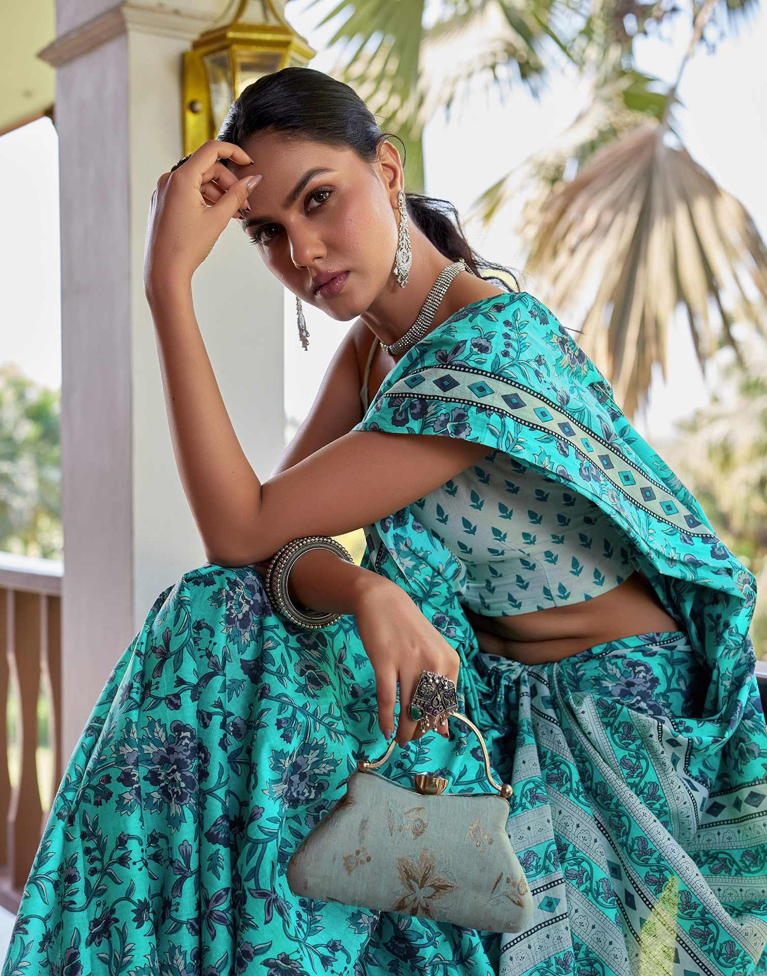 Turquoise Cotton Floral Printed Saree