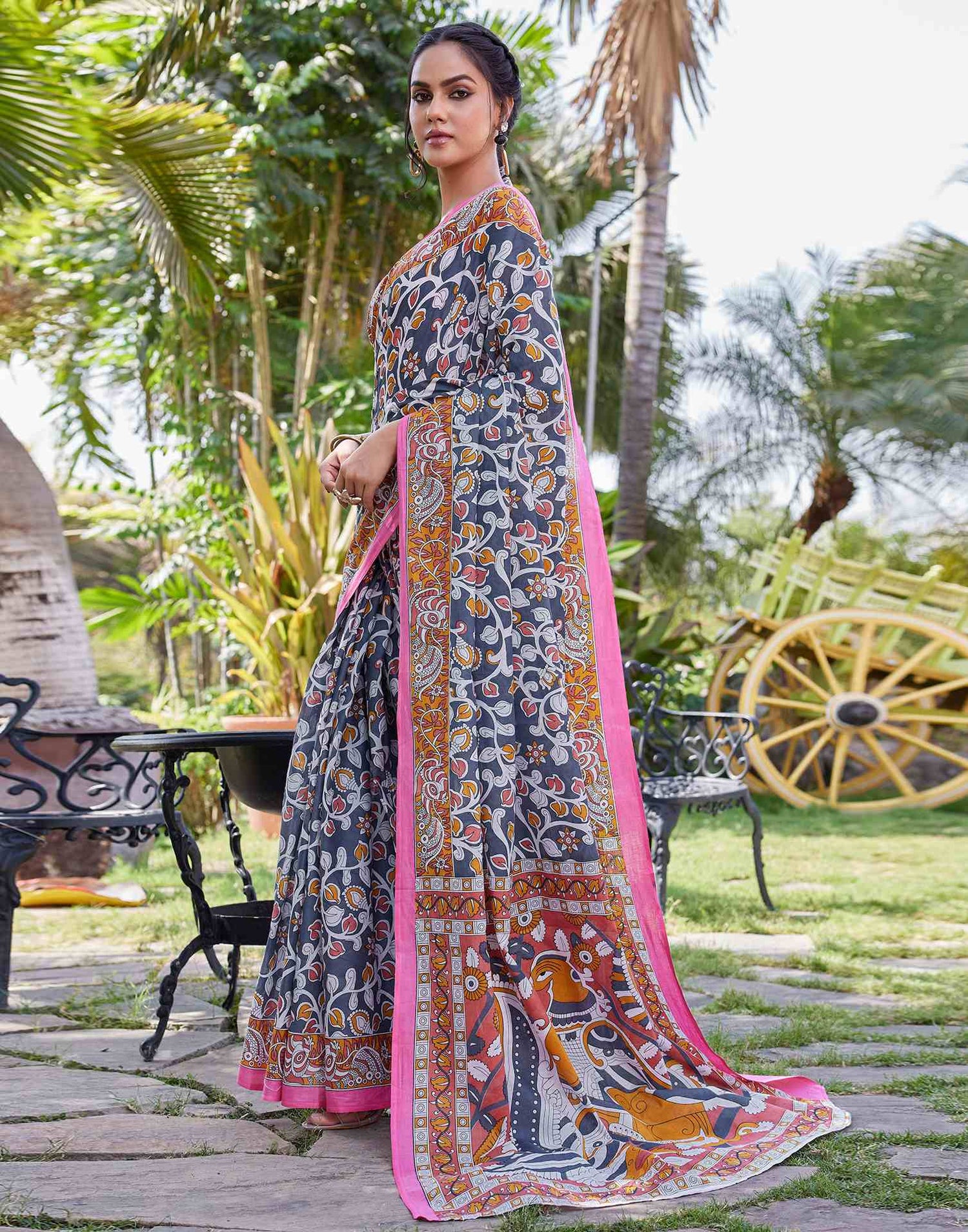 Grey Cotton Kalamkari Saree