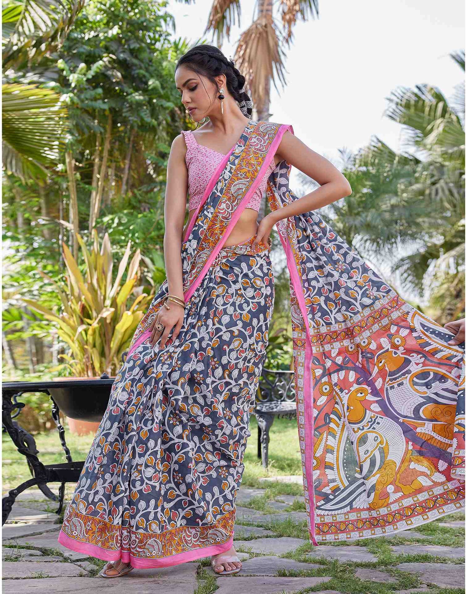 Grey Cotton Kalamkari Saree