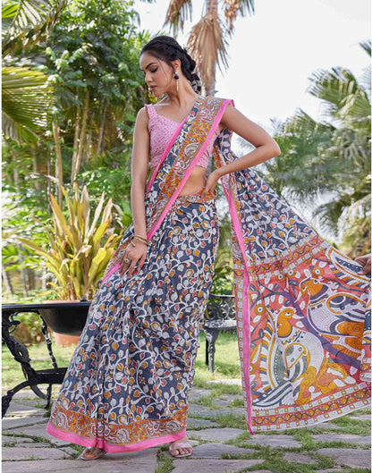Grey Cotton Kalamkari Saree