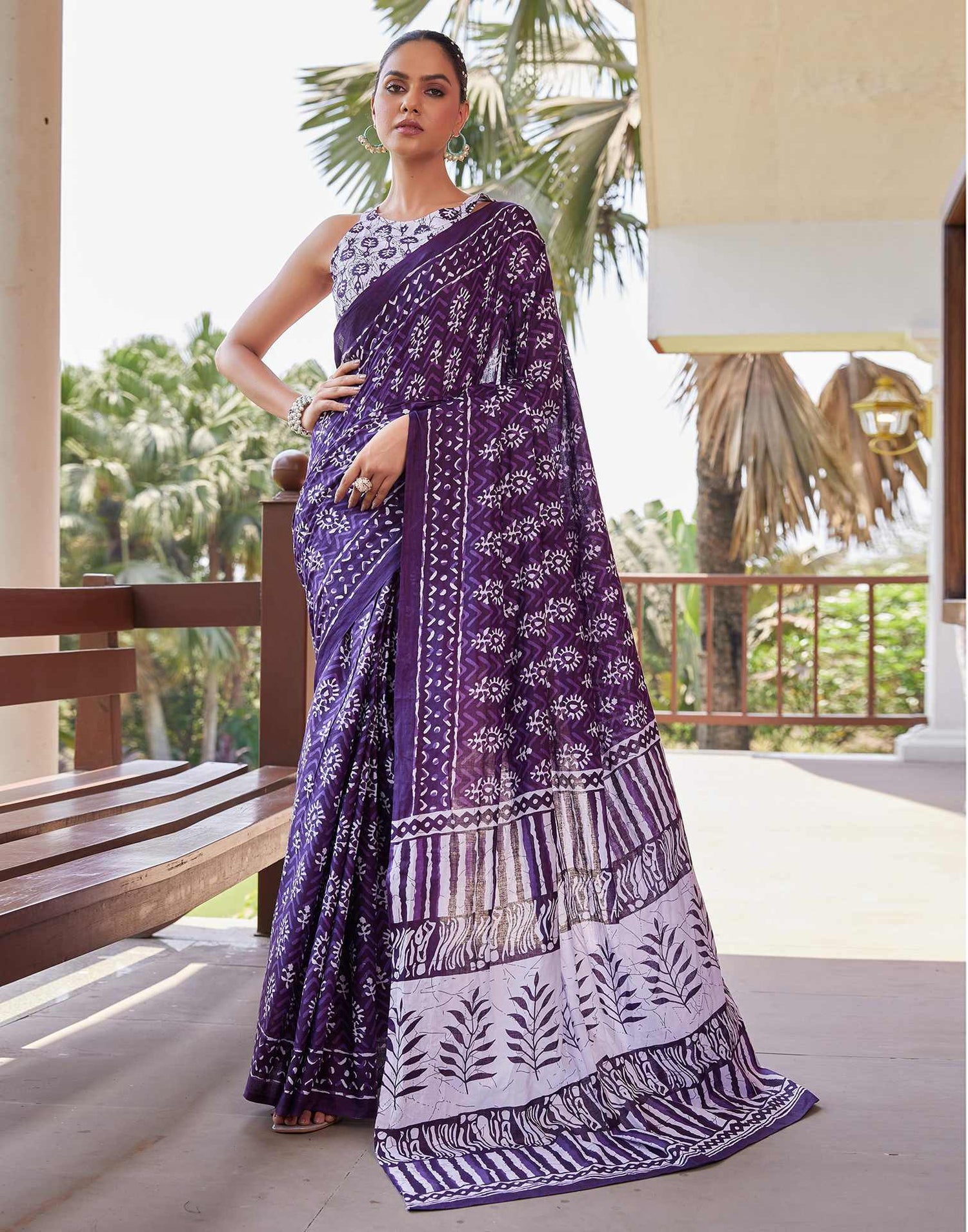 Dark Purple Cotton Printed Saree