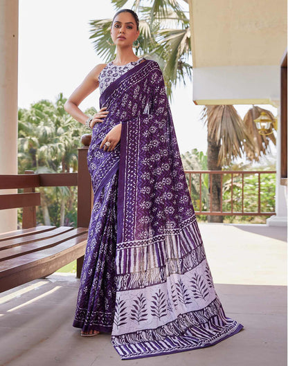 Dark Purple Cotton Printed Saree