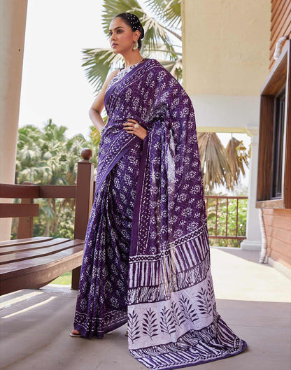 Dark Purple Cotton Printed Saree