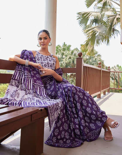 Dark Purple Cotton Printed Saree