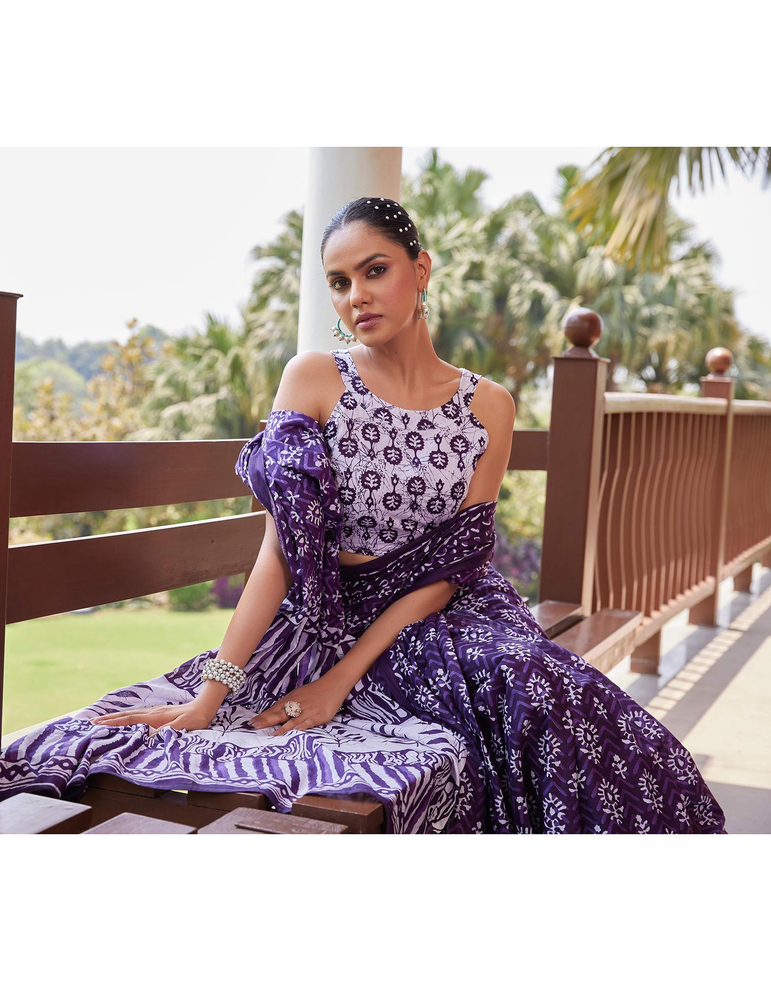 Dark Purple Cotton Printed Saree