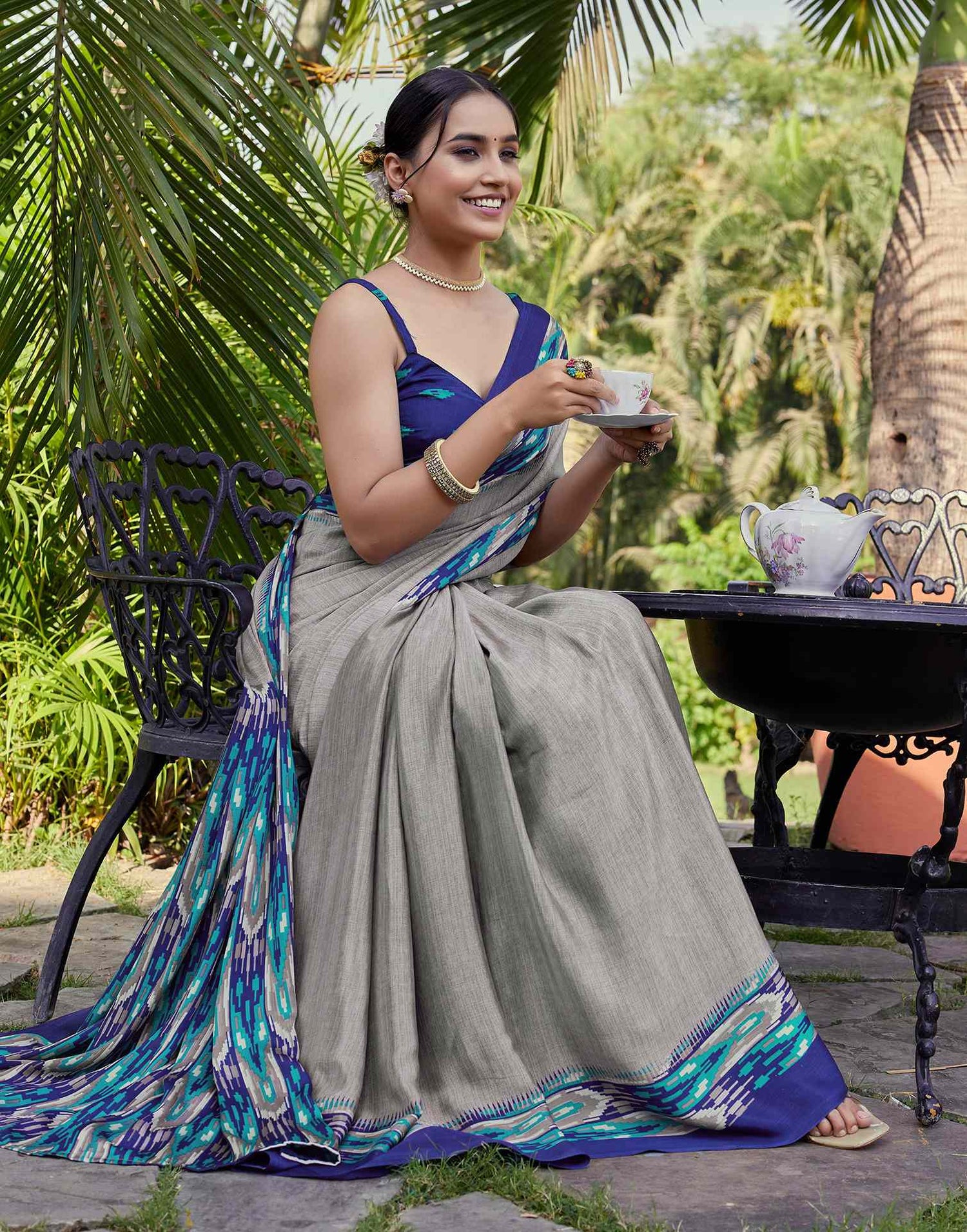 Grey Chinnon Printed Saree