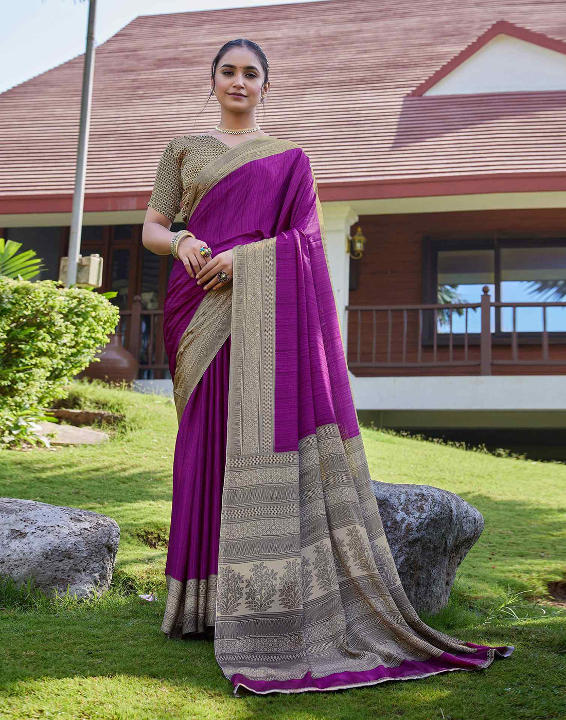 Beige Chinnon Printed Saree