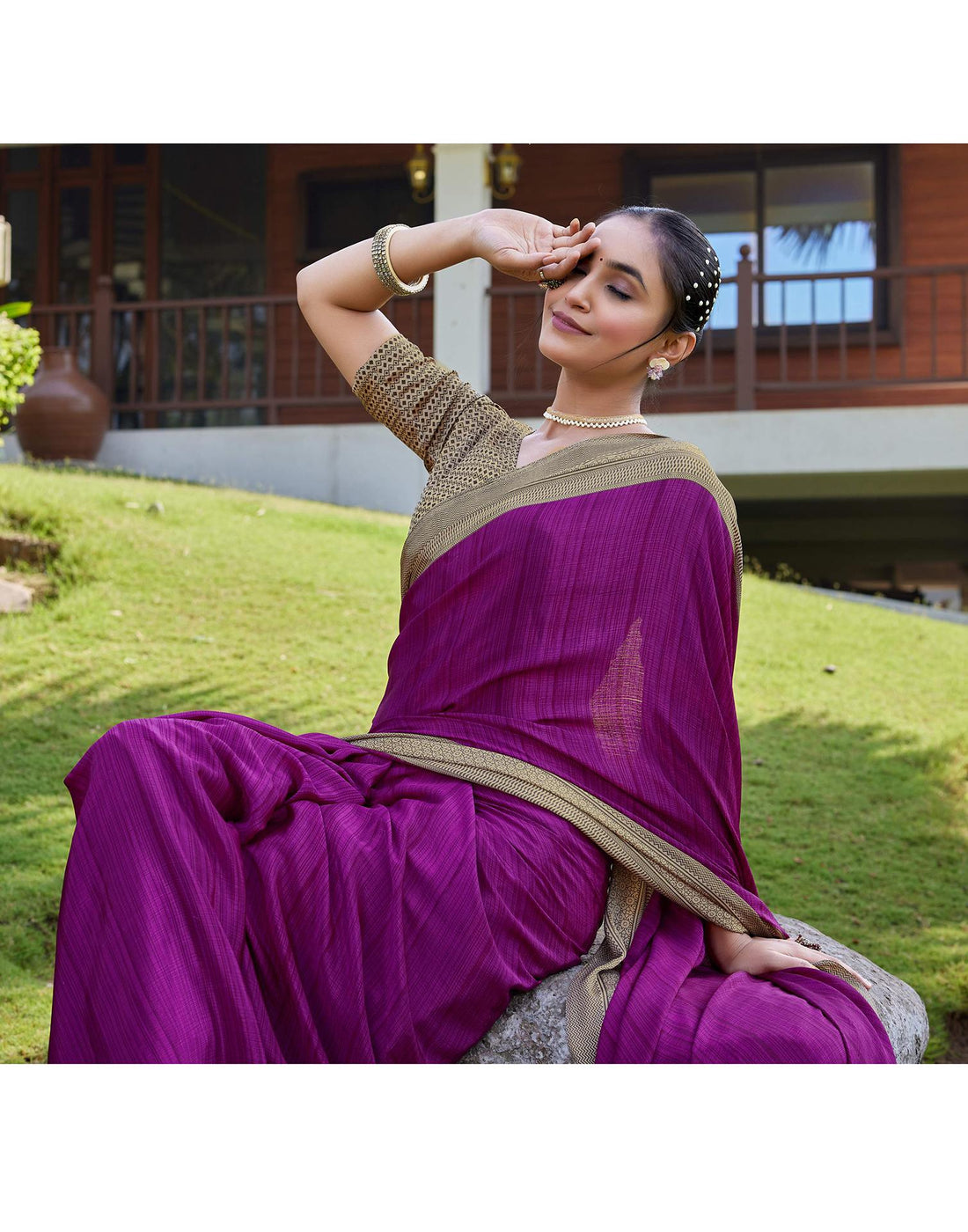 Beige Chinnon Printed Saree