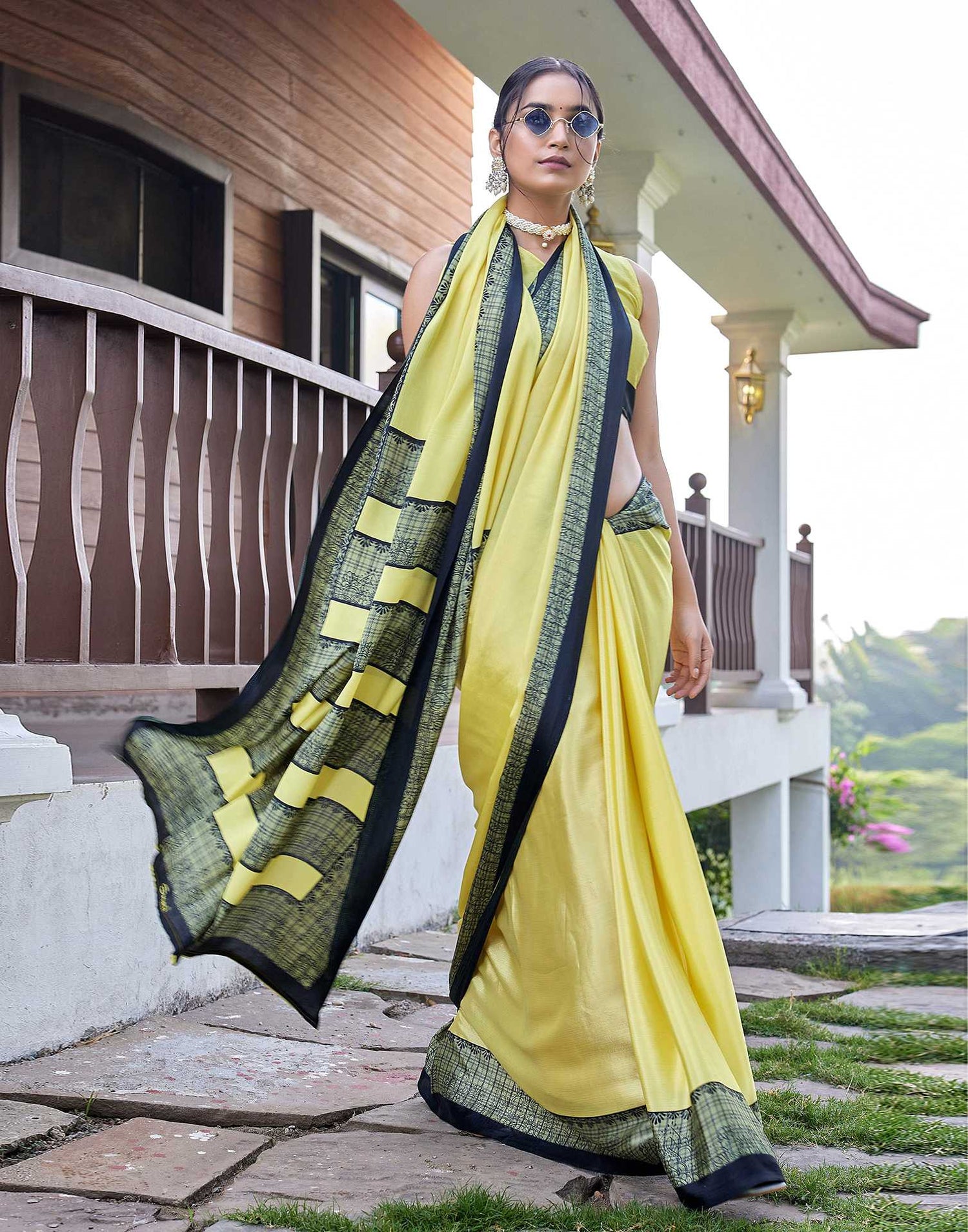 Yellow Chinnon Printed Saree