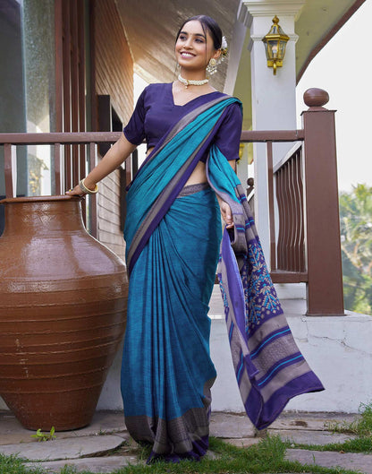 Teal Blue Chinnon Printed Saree