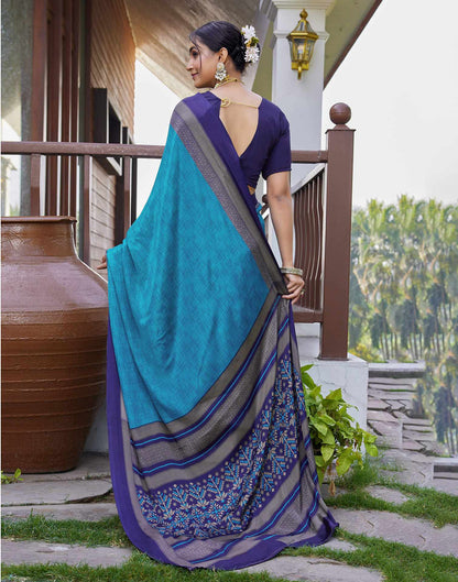 Teal Blue Chinnon Printed Saree