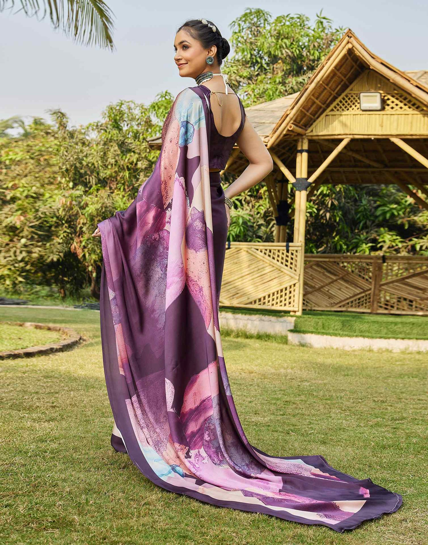 Wine Satin Printed Saree