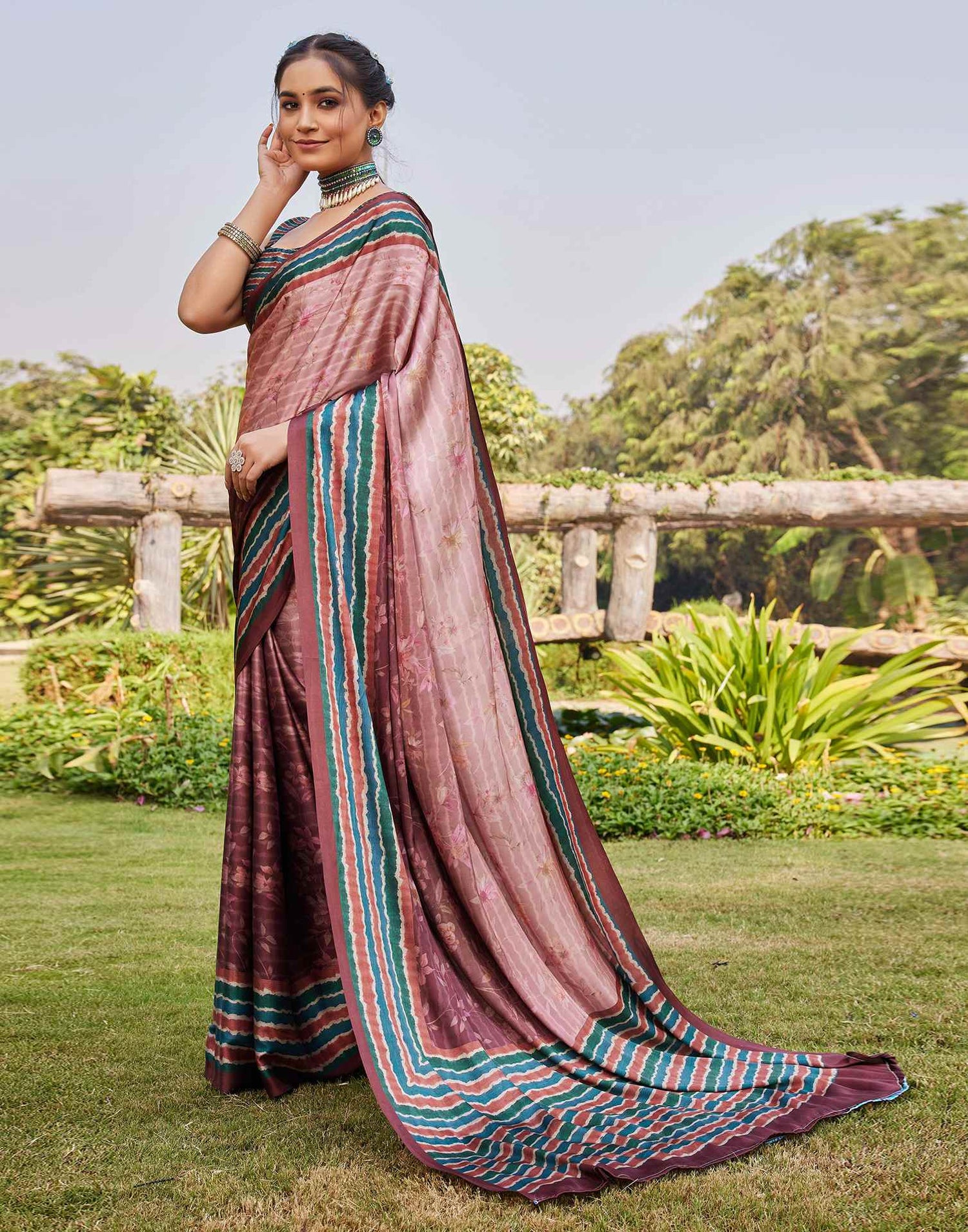 Chestnut Brown Satin Printed Saree