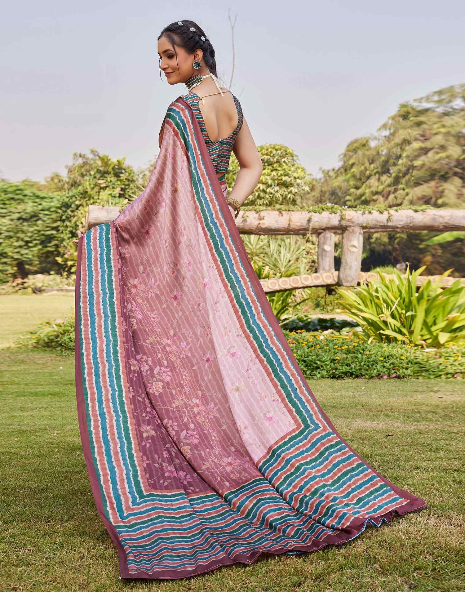 Chestnut Brown Satin Printed Saree
