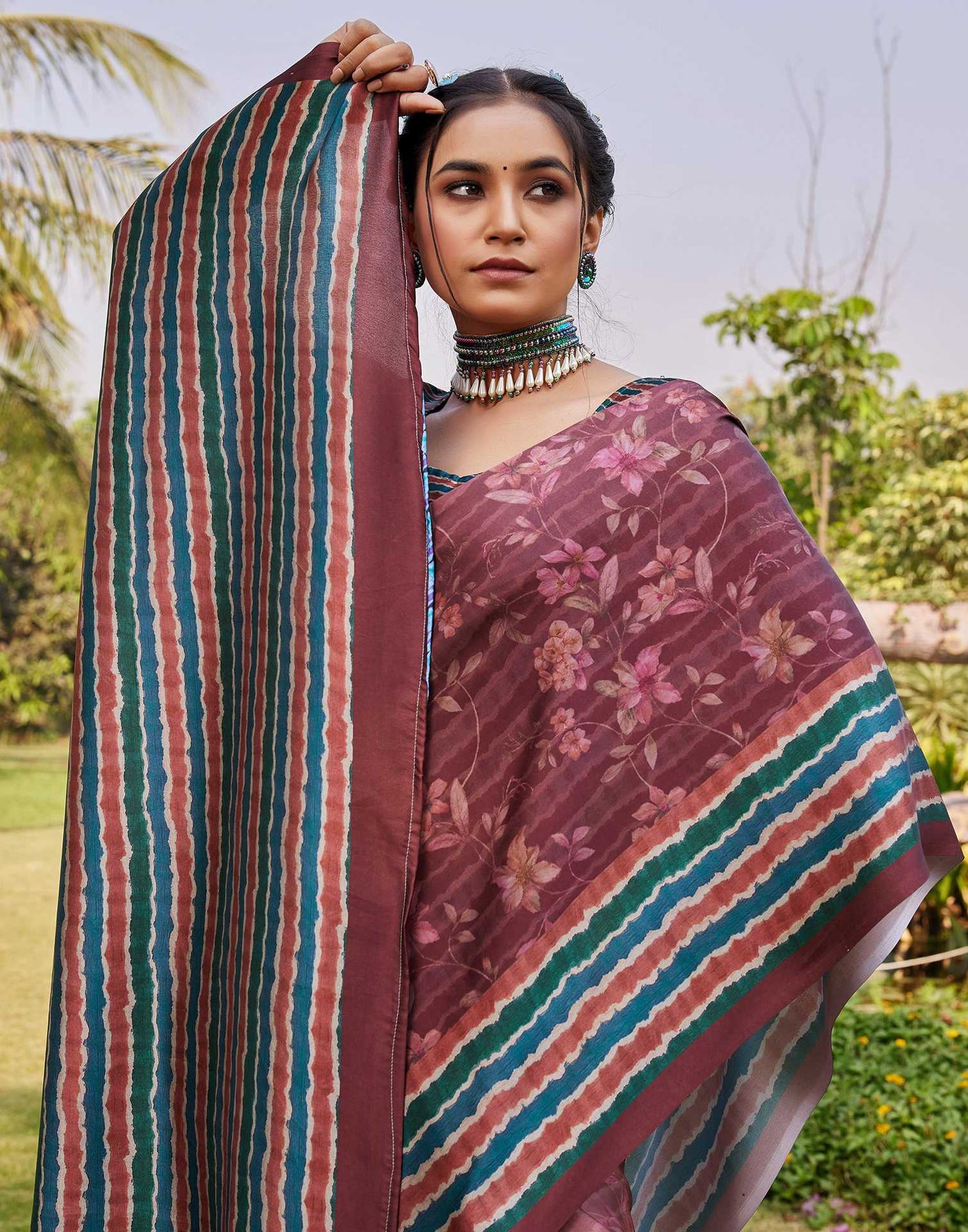 Chestnut Brown Satin Printed Saree