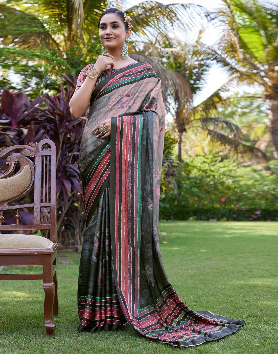 Black Satin Floral Printed Saree
