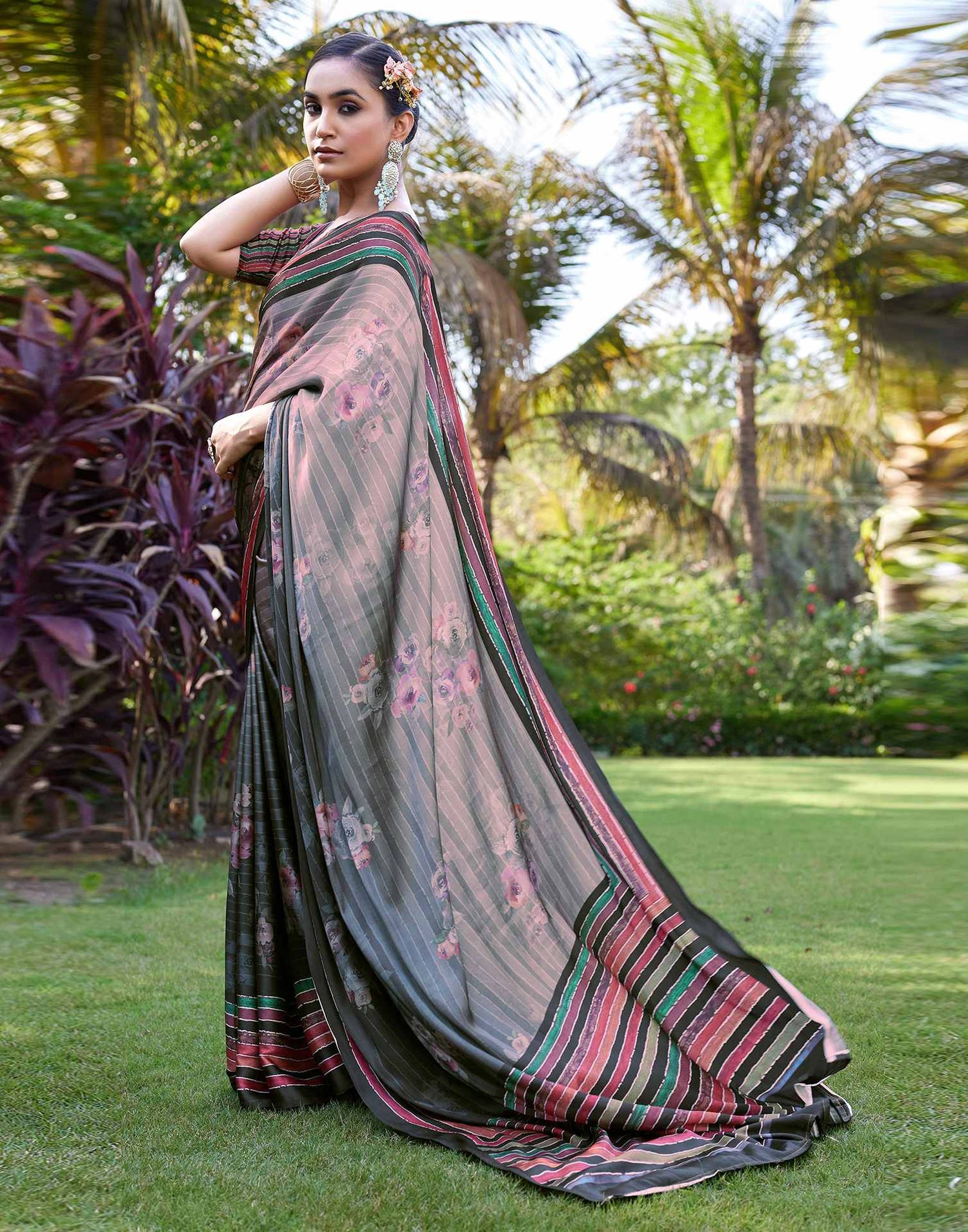 Black Satin Floral Printed Saree