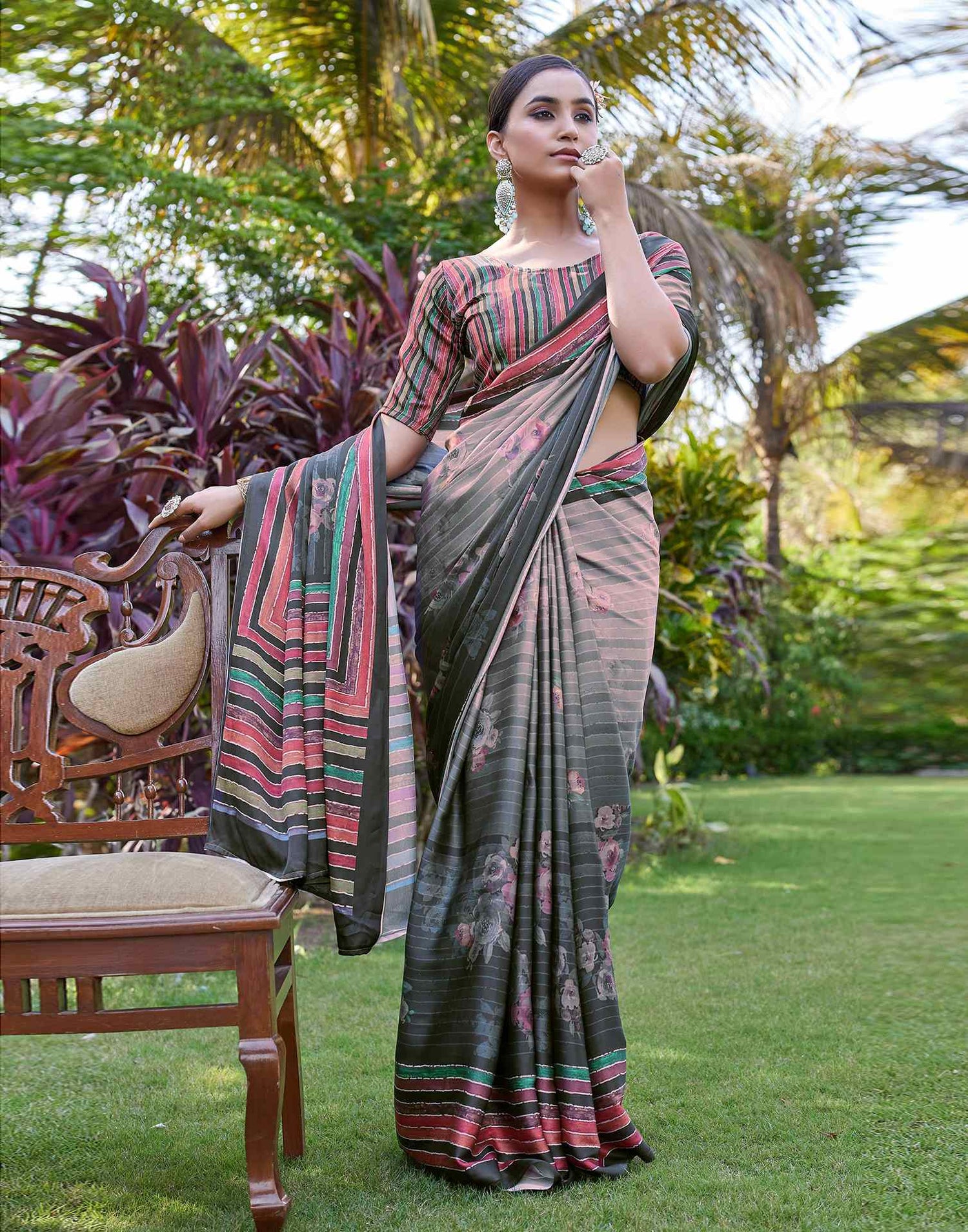Black Satin Floral Printed Saree