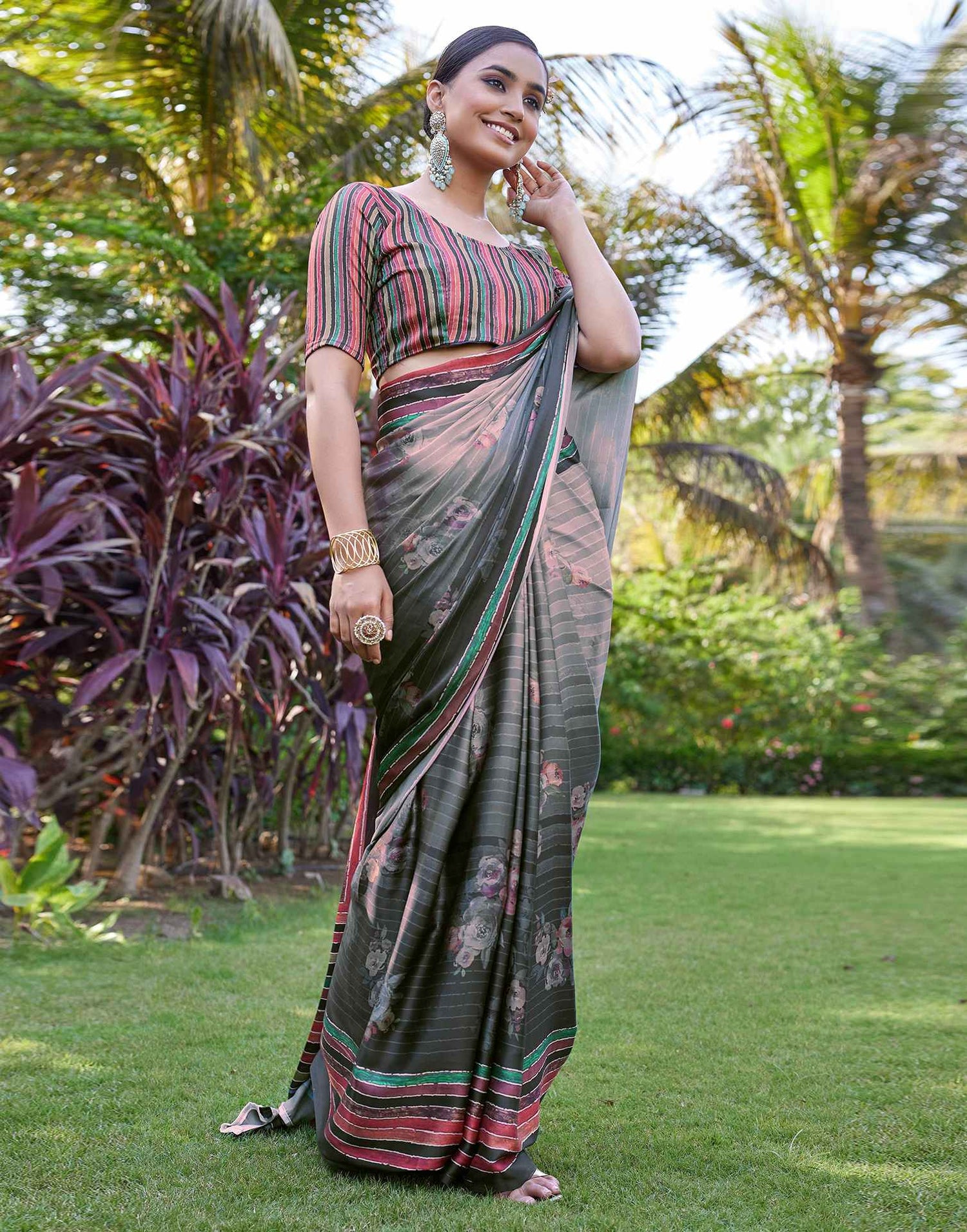 Black Satin Floral Printed Saree