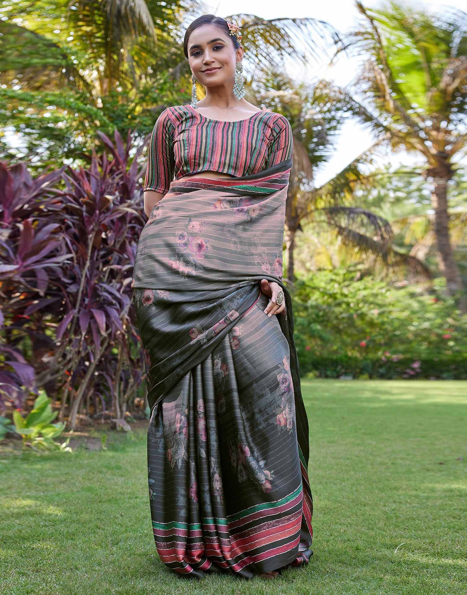 Black Satin Floral Printed Saree