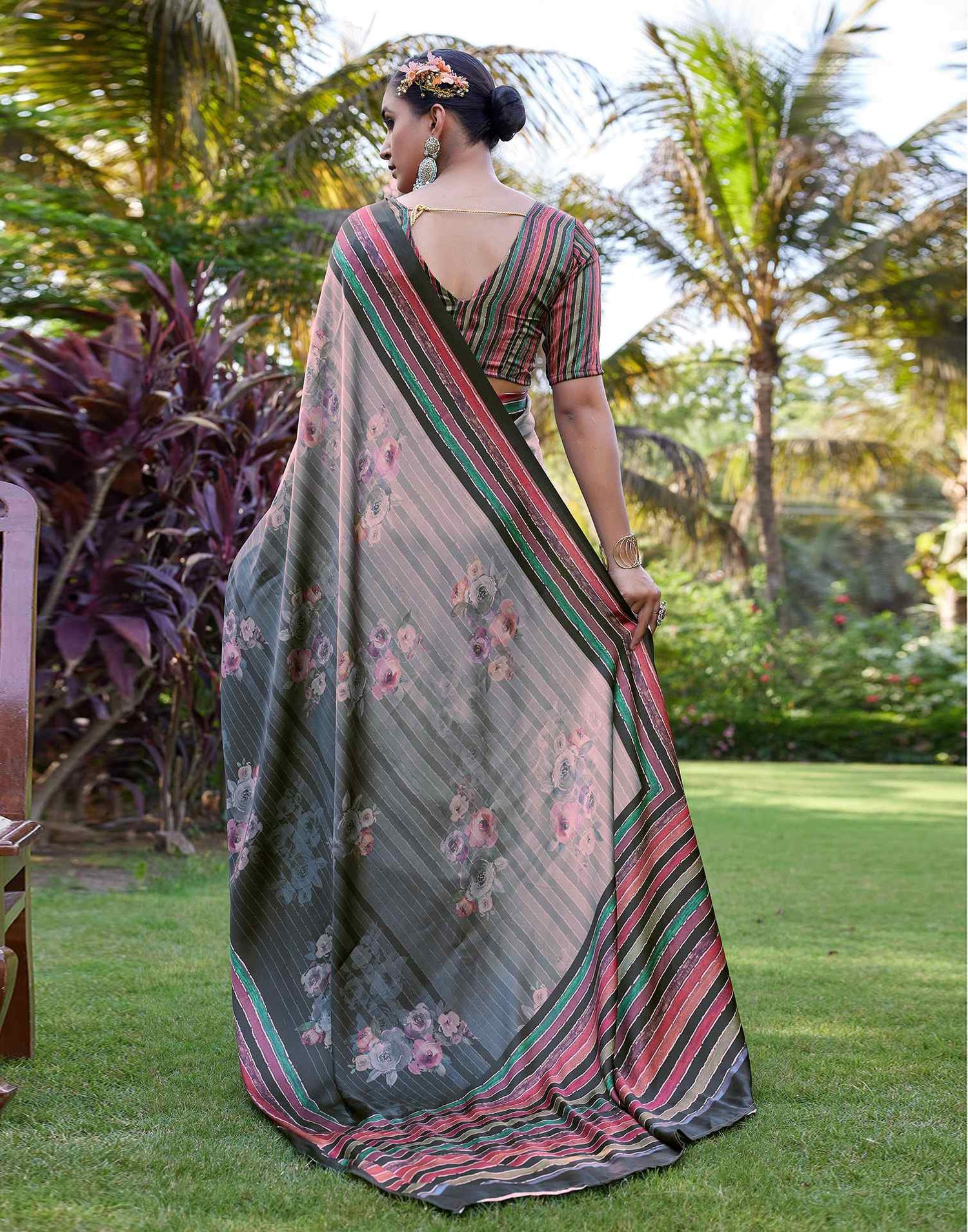 Black Satin Floral Printed Saree