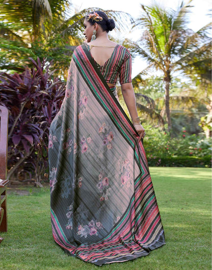 Black Satin Floral Printed Saree
