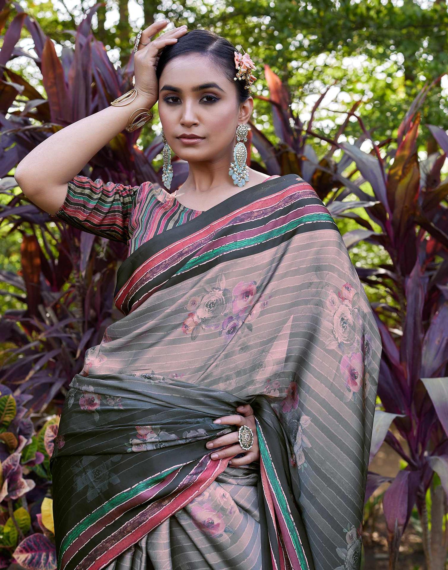 Black Satin Floral Printed Saree